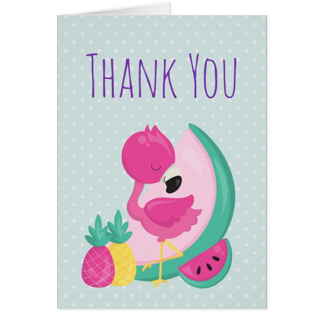 Cartão Flamingo rosa com melancia e abacaxi (Frente)