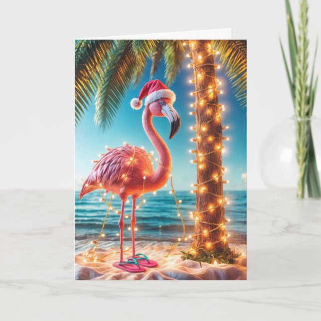 Cartão Flamingo Rosa De Natal Em Luzes Tangidas (Frente)