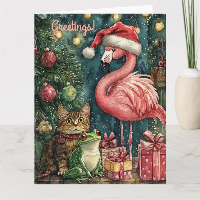 Cartão Flamingo Rosa Gato e Sapo Natal Tropical (Frente)