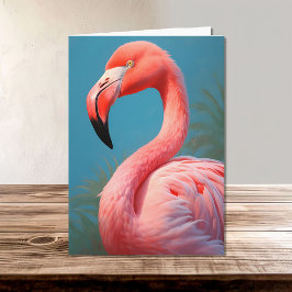 Cartão Flamingo Rosa Vibrante num Fundo Azul-Céu