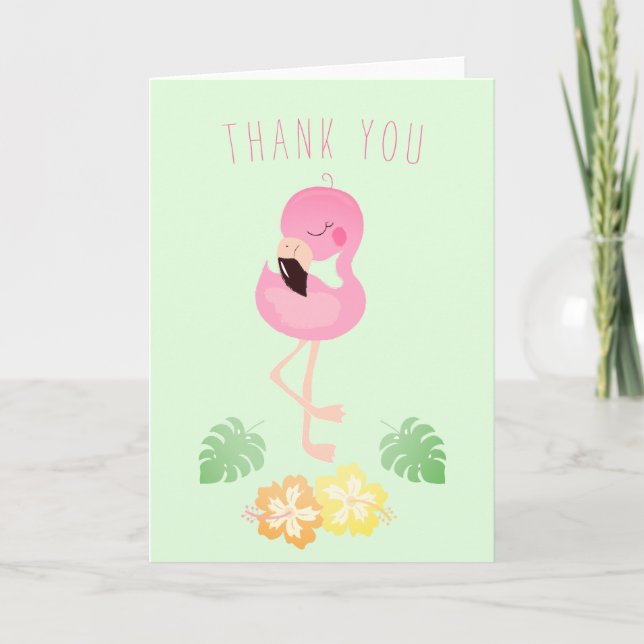 Cartão Flamingo Tropical Verde Cor de Água Rosa (Frente)