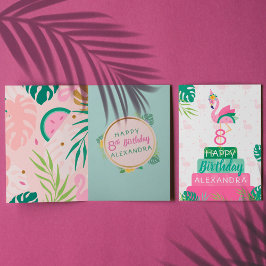 Cartão Flamingo & Watermelon Tropical Birday Cake Card