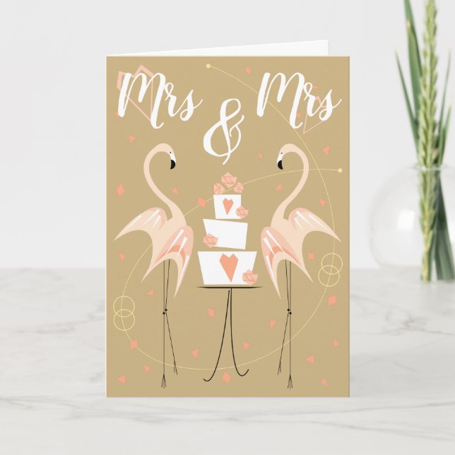 Cartão Flamingo Wedding Mrs & Mrs Text (Frente)
