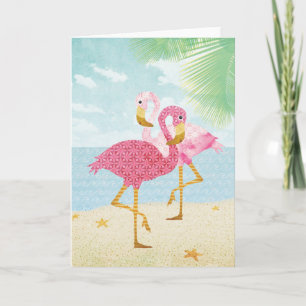 Cartão Flamingos cor-de-água rosa na praia