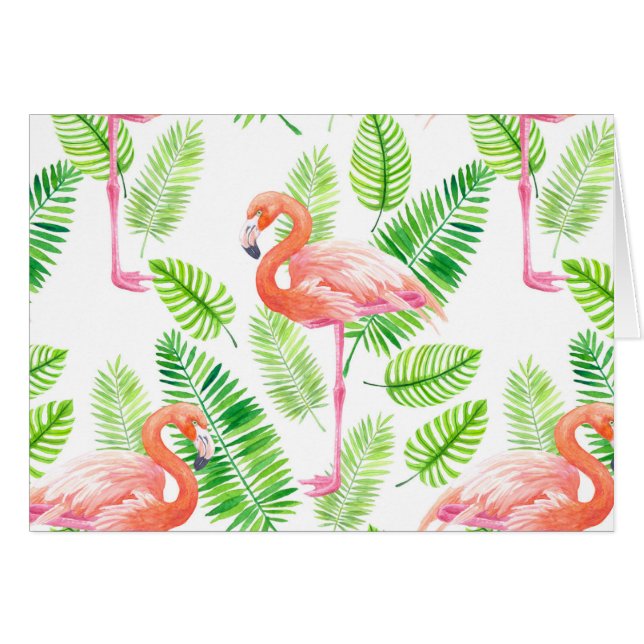 Cartão Flamingos e folhas tropicais (Frente Horizontal)
