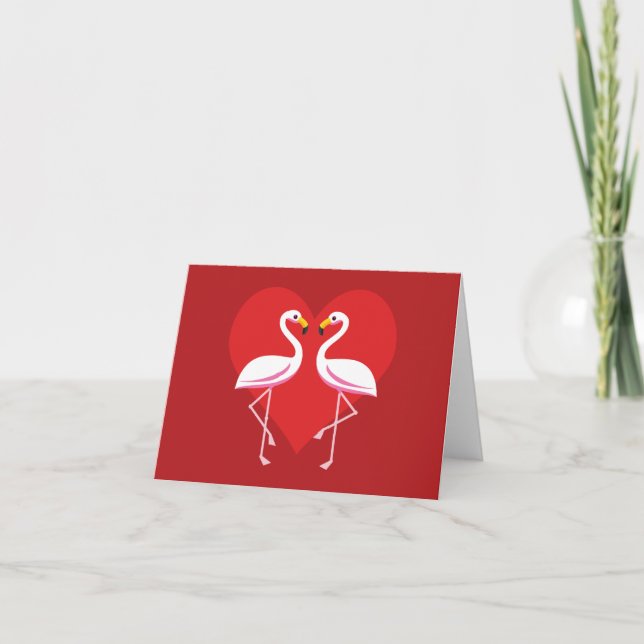 Cartão Flamingos Rosa Brancos Fofos c/ Coração Vermelho | (Frente)