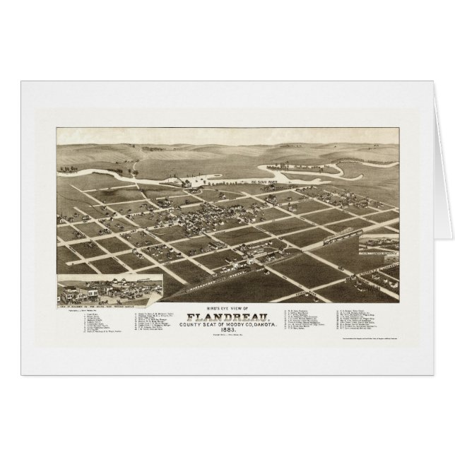 Cartão Flandreau, mapa panorâmico do SD - 1883 (Frente Horizontal)