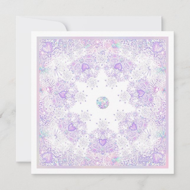 Cartão floco de neve roxo leve e coração brilhando (Frente)