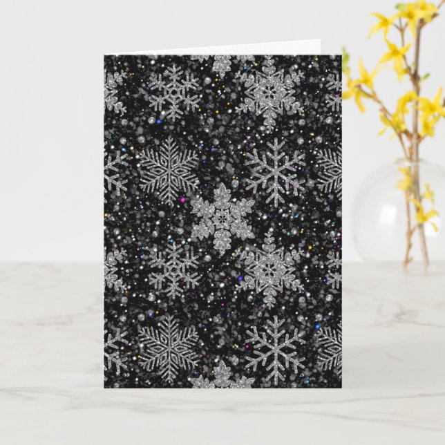 Cartão Flocos de neve brilho prateado de Natal (Flor Amarela)