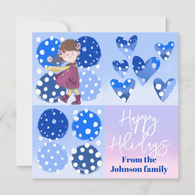 Cartão Flocos de neve de inverno, linda garota de Natal (Frente)