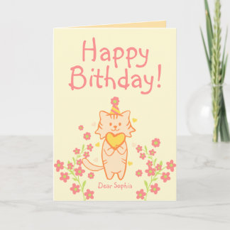 Cartão Flor Brilhante&Gatinho Fofo de Chapéu&Aniversário