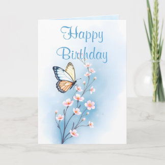 Cartão Flor Butterfly Feliz Aniversário Aquarela Azul