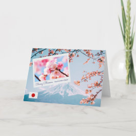 Cartão Flor de Cereja Rosa do Japão com Bandeira e Monte 