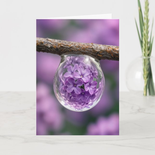 Cartão Flor de Lilás de Aniversário Refletida em Gota de  (Frente)