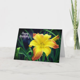 Cartão Flor de lírio-dia amarelo e laranja de aniversário
