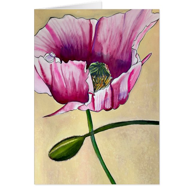 Cartão Flor de papoila rosa com aquarelas (Frente)