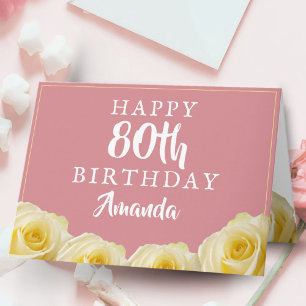 Cartão Flor de Rosa Amarela Floral Aniversário de 80 anos