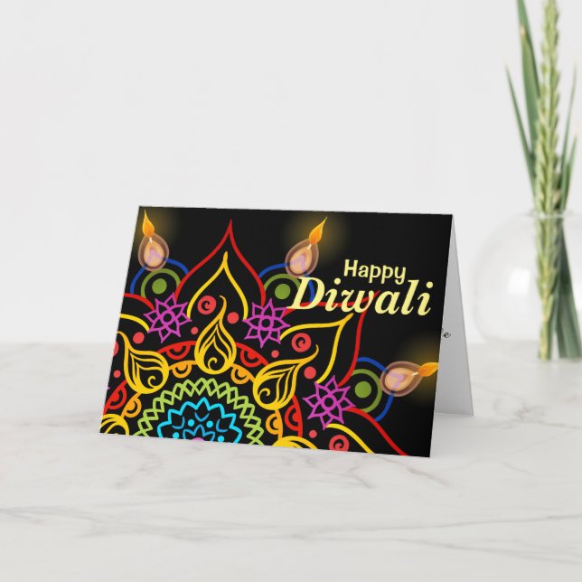 Cartão Flor Rangoli de Diwali com as lâmpadas de óleo (Frente)