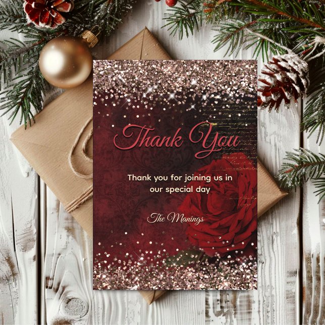 Cartão Flor vermelha-chic, dourada-dourada-obrigado (Criador carregado)