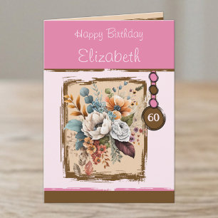 Cartão Florais 60º aniversário nome personalizado marrom