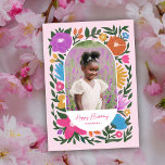 Cartão Florais Coloridos bonito Arch Fotografias Rapariga<br><div class="desc">Este belo cartão de saudação de fotos de aniversário apresenta um design floral desenhado manualmente em magenta/fuchsia rosa, laranja, ouro amarelo, roxo, azul e verde sobre um fundo de cor personalizado (mostrado em rosas claro). O estilo do design floral é quase como giz / pastel. Um quadro em forma de...</div>