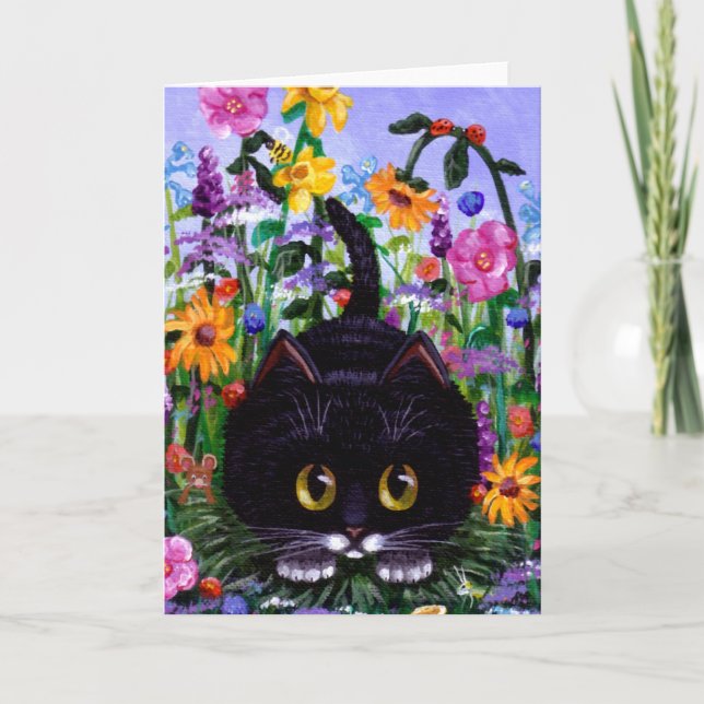 Cartão Floral Art Black Tuxedo Cat Flowers Criationarts (Frente)