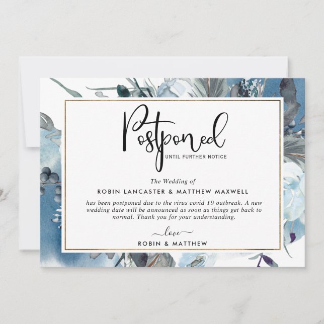 Cartão Floral Azul de Anúncio de Evento Adiado (Frente)