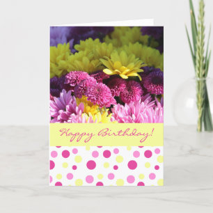 Cartão Floral Birthday, Pink & Yellow Daisies, Polka Dots