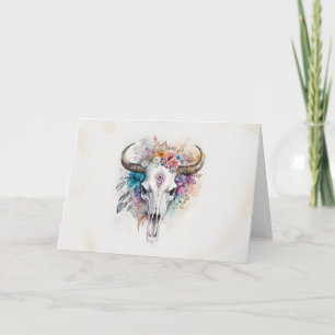 Cartão Floral Bull Crânio Aquarela
