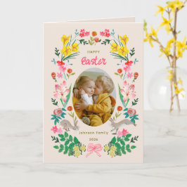 Cartão Floral Bunny Happy Easter Family Photo Card
