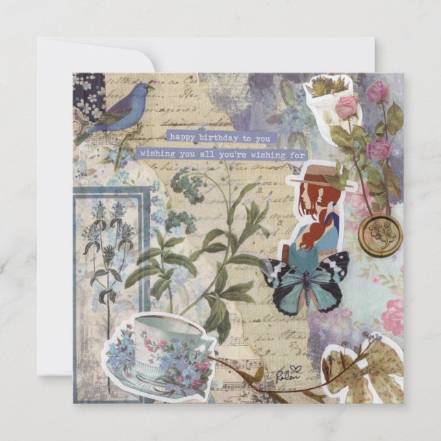 Cartão Floral de Aniversário Floral Azul Cor Pálid (Frente)