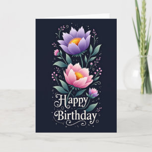 Cartão Floral de Aniversário Rosa Roxo
