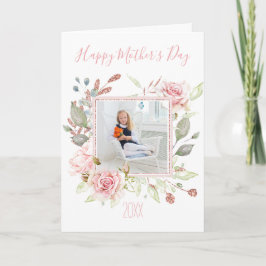 Cartão Floral de Aquarela Rosa com Dia de as mães de Foto