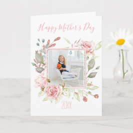 Cartão Floral de Aquarela Rosa com Dia de as mães de Foto