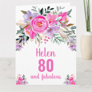 cartão floral de aquarela rosa para 80º aniversári