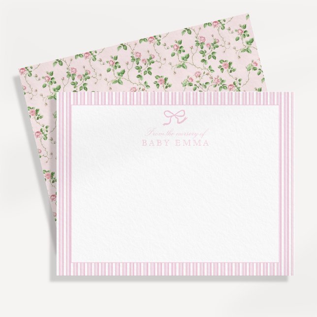 Cartão Floral de Bebê Rosa Stripe e Rosa (Criador carregado)
