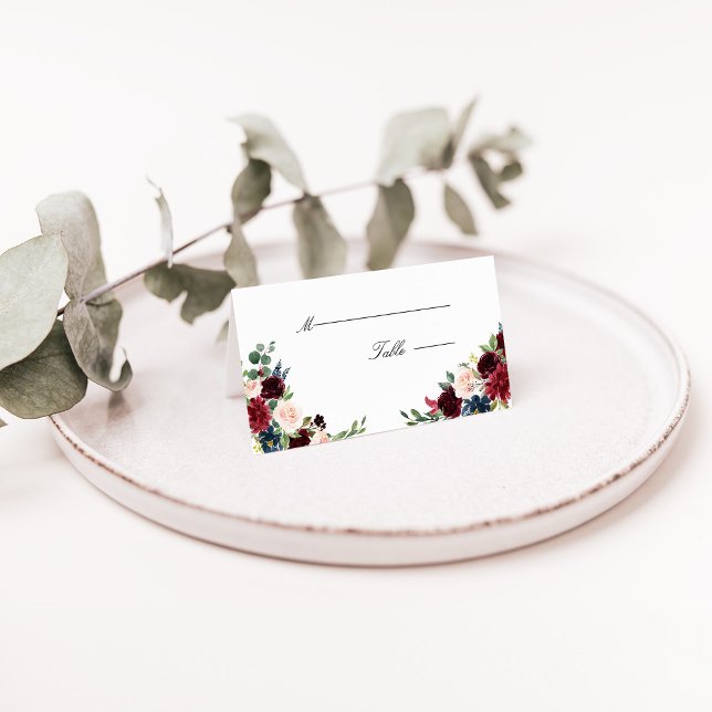 Cartão Floral de Casamento de Burgundy Marsala (Burgundy Marsala Navy Blush Floral Wedding Place Card)