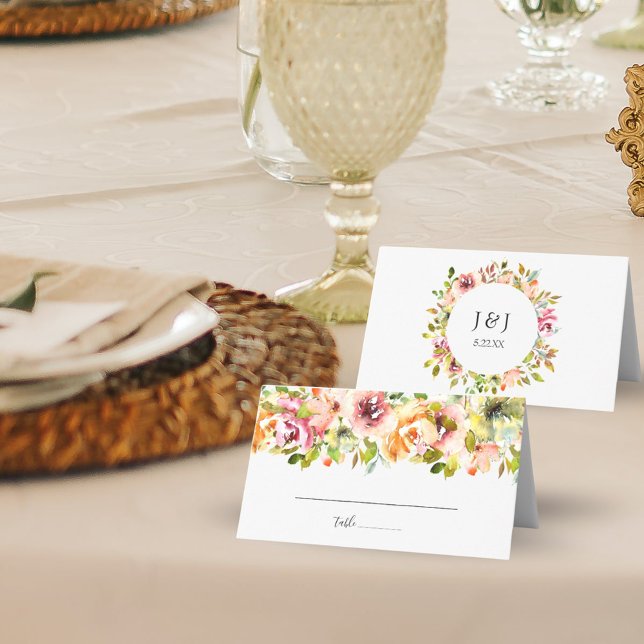 Cartão Floral de Casamento Floral de Jardim de Ver (Summer Garden Watercolor Floral Wedding Place Card)