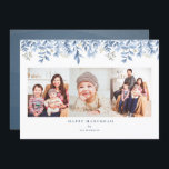 Cartão floral de colagem de fotos do Hanukkah feli<br><div class="desc">Cartão de Natal moderno,  elegante,  Chanucá com ilustração azul de borda floral com aquarela. Personalize com sua saudação pessoal e seu nome de família. 3 cartão com fotos perfeito para compartilhar sua família com amigos e entes queridos.</div>