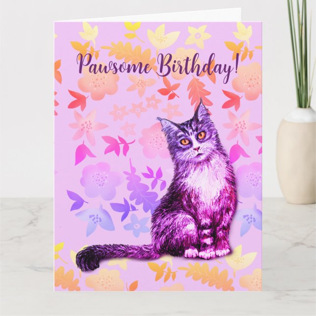 Cartão floral de gato cinza de cabelo longo (Frente)