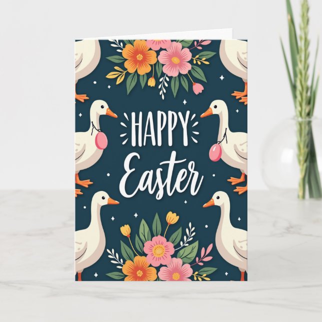 Cartão Floral de Páscoa com Pássaros Felizes (Frente)