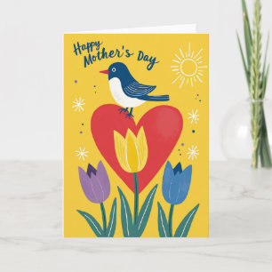 Cartão Floral do Dia das Mães Coração de Pássaro