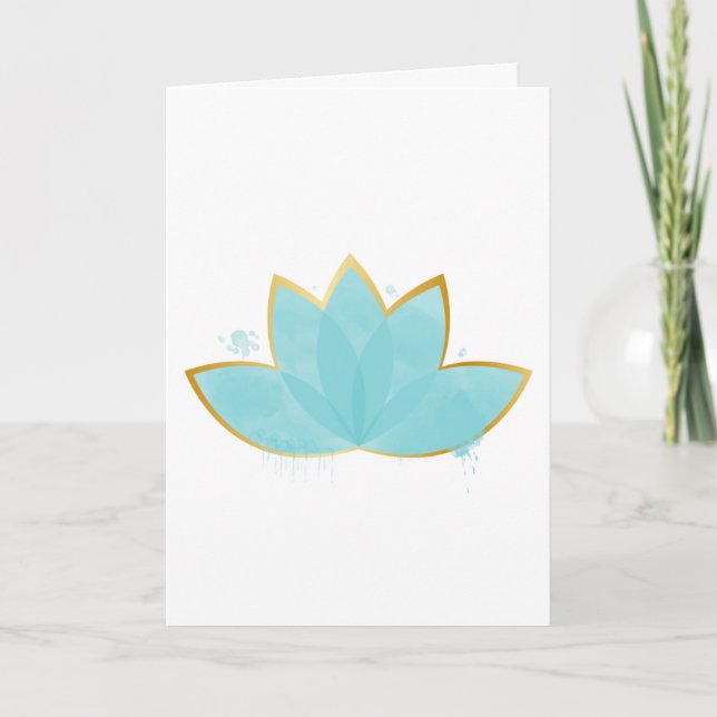 Cartão Floral Lotus Watercolor Seafoam Blue & Faux Dourad (Frente)