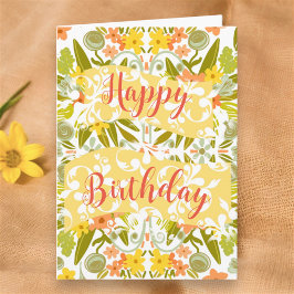 Cartão Floral Orange Yellow Original Art Happy Birday
