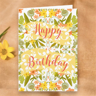 Cartão Floral Orange Yellow Original Art Happy Birday