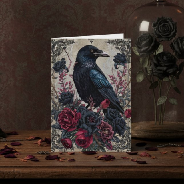 Cartão Floral Preto Gótico Corvo (Black gothic raven with roses blank note card)