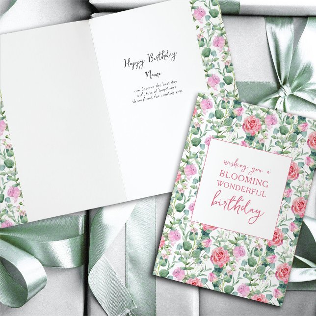 Cartão Floral Rosas Blooming Maravilhoso Aniversário (Feminine floral roses personalized birthday card)