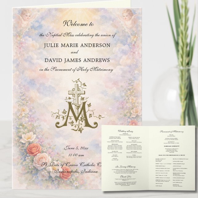 Cartão Floral Roses Catholic Wedding Mass Program (Criador carregado)