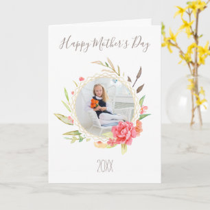 Cartão Floral Simples em Aquarela com Foto Dia das Mães