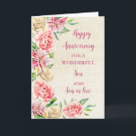 Cartão Floral Son & Son no aniversário do casamento<br><div class="desc">Feliz cartão de aniversário de casamento para o filho e o filho com lindas flores de coloração d'água,  burlap rustic e verso sentimental.</div>